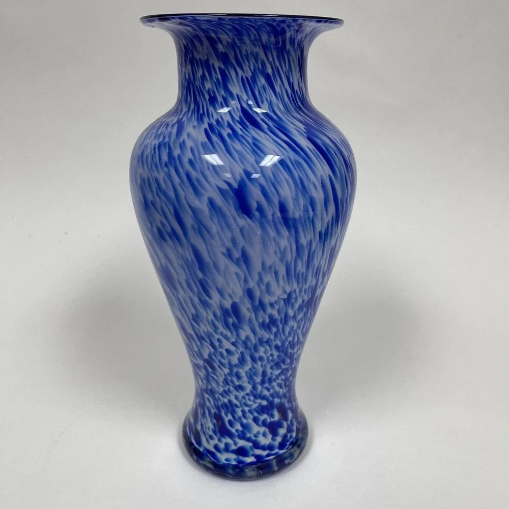Blue White Glass Vase 11 3/8